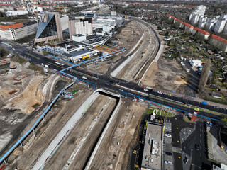 Aerial view of construction site for the A100 city highway in Berlin