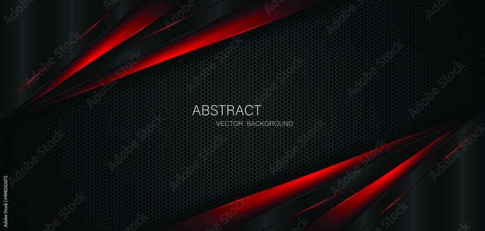 Wall mural abstract black and red polygons overlapped on dark steel mesh background with free space for design.