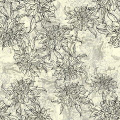 Graphic monochrome floral ornament. Seamless pattern  for decoration on cream background.