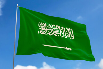 3d illustration. A beautiful view of Saudi Arabia flag on a blue sky background.