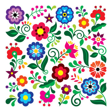 Mexican folk art vector floral greeting card pattern, square composition with flowers inspired by traditional embroidery designs from Mexico
 