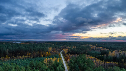 Aerial view of the coniferous forest, autumn colors. In the middle - asphalt road. Heavy, dark clouds in the sky during sunset.
