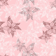 Graphic floral ornament. Seamless pattern  for decoration on pink background.