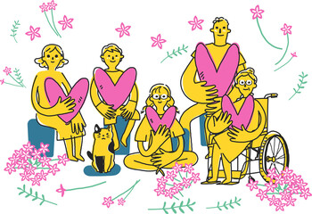 愛情の形、ハートを手に集まる家族　イラスト素材			
