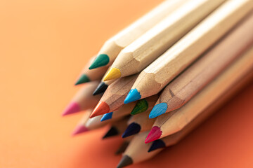 Close-up, multi-colored wooden pencils for drawing isolated.