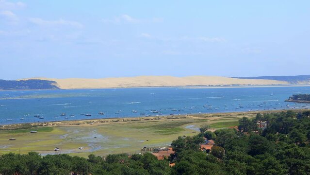 Aerial view of the Cap Ferret peninsula, the Mimbeau conche and the Dune du Pilat in Gironde, France