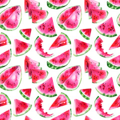 Watercolor seamless pattern. Slices, bits and seeds of watermelon on a white background. Summer texture for fashion fabric, home textile, wrapping paper, wallpaper.