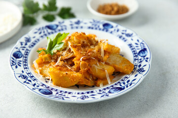 Roasted potato with red pesto and cheese