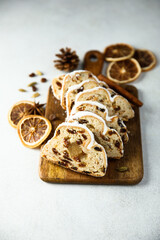 Traditional homemade stollen cake with marzipan