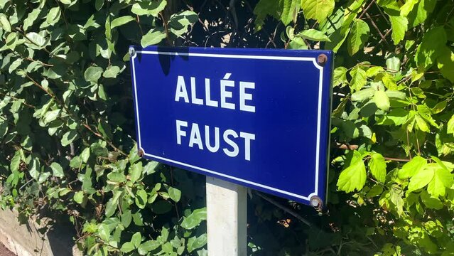 "All&eacute;e Faust" street sign in the Ville d'Hiver district in Arcachon near the Villa Faust house