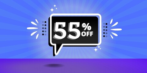 55% off limited special offer. Banner with fifty five percent discount on a blue background with a balloon black and white