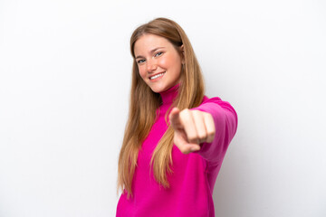 Fototapeta premium Young caucasian woman isolated on white background pointing front with happy expression