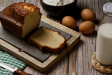 a slice of sponge cake on a wooden and stone board. There are eggs, flour and baking utensils