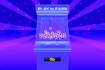 Play to Earn, concept illustration design. Cryptocurrencies in claw game machine, isolated futuristic neon metaverse background. - obrazy, fototapety, plakaty
