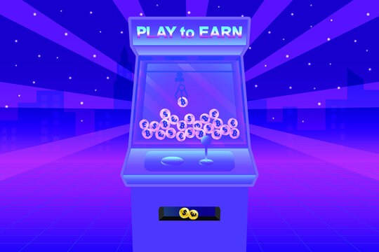 Play To Earn, Concept Illustration Design. Cryptocurrencies In Claw Game Machine, Isolated Futuristic Neon Metaverse Background.