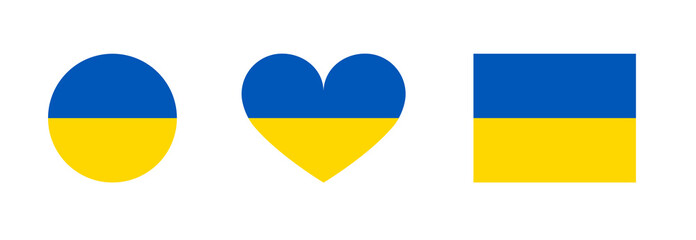 Flag of Ukraine in the shape of a circle, heart and rectangle. Vector illustration of an emblem, badge, icon, symbol, element in support of Ukraine.