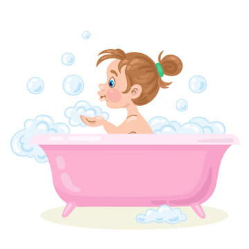 Cute little girl takes a bath. Plays with foam and blows bubbles. In cartoon style. Isolated on white background. Vector illustration