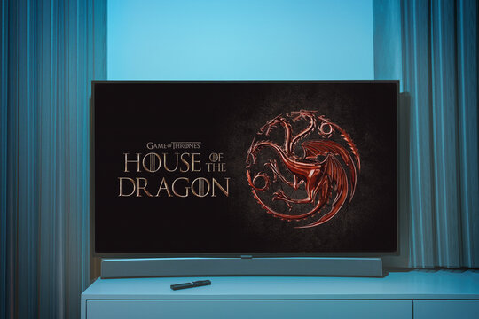 House of Dragons TV series on big tv screen. Game of Thones house of dragons television show at home