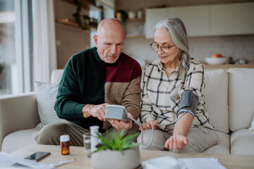 Senior couple at home measuring blood pressure.