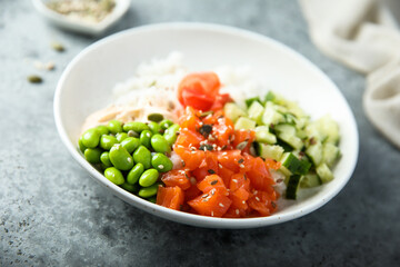 Homemade poke bowl with smoked salmon
