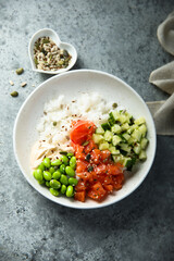 Homemade poke bowl with smoked salmon