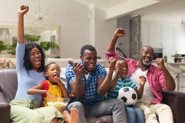Tuinposter African american multi-generational family cheering while watching soccer match on tv at home © WavebreakMediaMicro