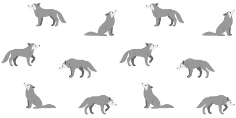 Simple seamless trendy animal pattern with wolf in different poses. Cartoon vector print.