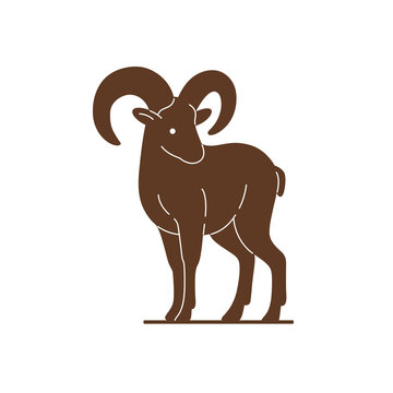 Silhouette of ram. Detailed drawing of animal.  Simple contour vector illustration for emblem, badge, insignia.