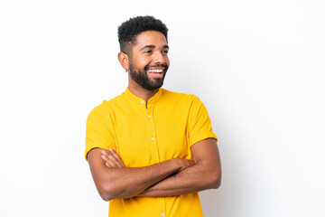 Young Brazilian man isolated on white background happy and smiling