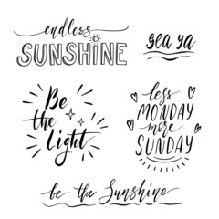 Hello Summer, Sunshine Hand drawn lettering design for apparel and stickers. Vitamin Sea modern brush calligraphy. Funny motivational quotes.