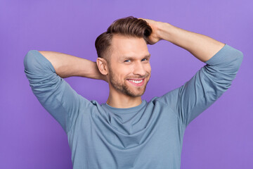 Photo of cute brown hairdo guy hands hair wear trend cloth isolated on violet color background