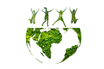 silhouette of a group of people jumping concept of conservation of the earth and the environment