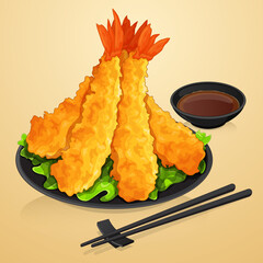 Shrimp tempura fried with japanese dipping sauce (shoyu) illustration vector.