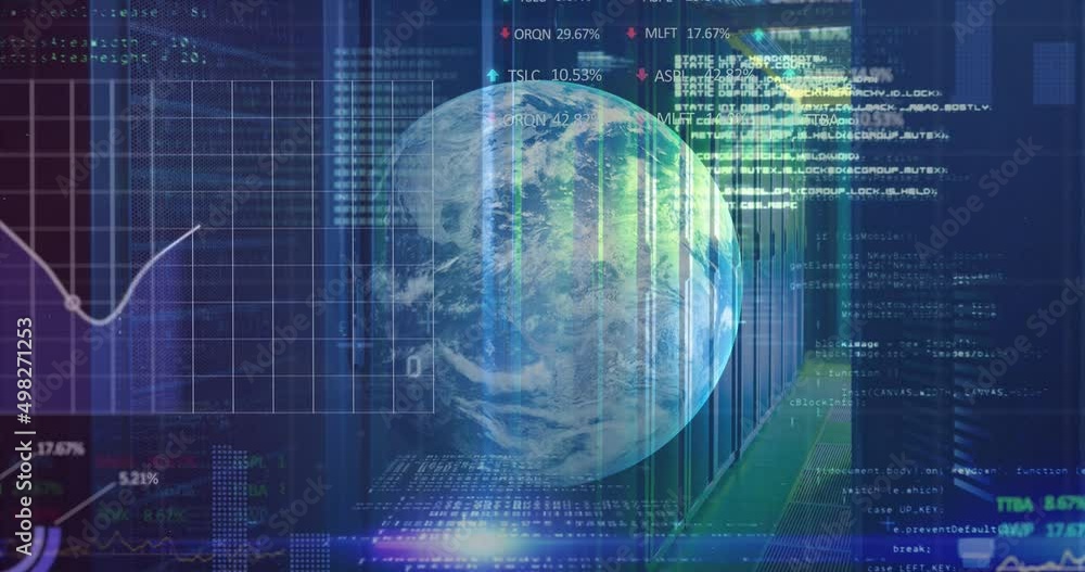 Poster animation of data processing, binary coding and globe over computer servers