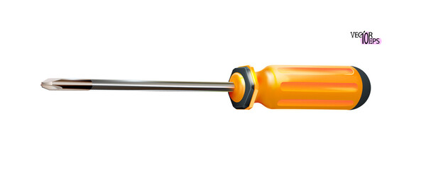 Orange professional realistic screwdriver with a plastic handle. isometric 3d construction tool isolated on white background. Vector illustration. Cruciform for repair and construction. - obrazy, fototapety, plakaty