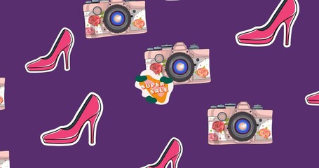 Animation of camera and shoes icons with super sale text on purple background - Powered by Adobe