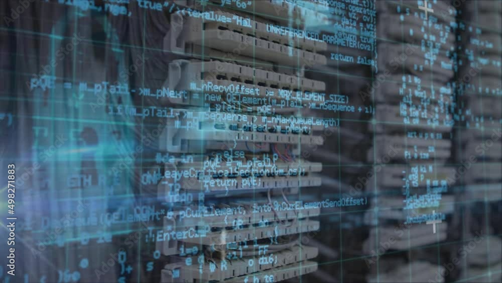 Poster animation of digital interface and data processing over server room