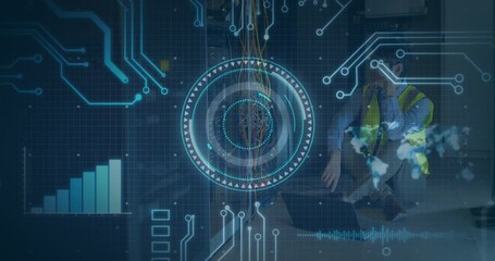 Animation of scope scanning and computer circuit board over it technician by computer servers - Powered by Adobe