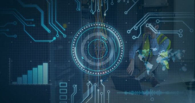 Animation of scope scanning and computer circuit board over it technician by computer servers - Powered by Adobe