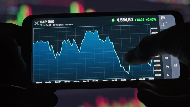Stock Market, Trading Index SP 500 in Smartphone. Businessman checking price chart on digital stock exchange on mobile phone screen. Trading online, graph of price changes, analytics.