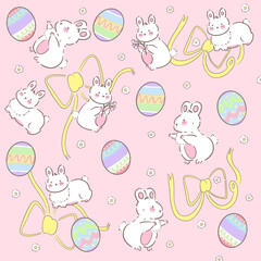 Illustration of easter eggs and white bunny with spring blossom pastel color pattern background