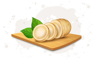 Ginseng root slices vector illustration on wooden chopping board