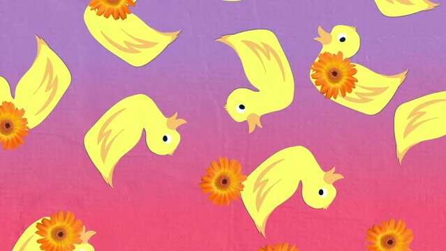 Animation of falling flower and duck over pink background