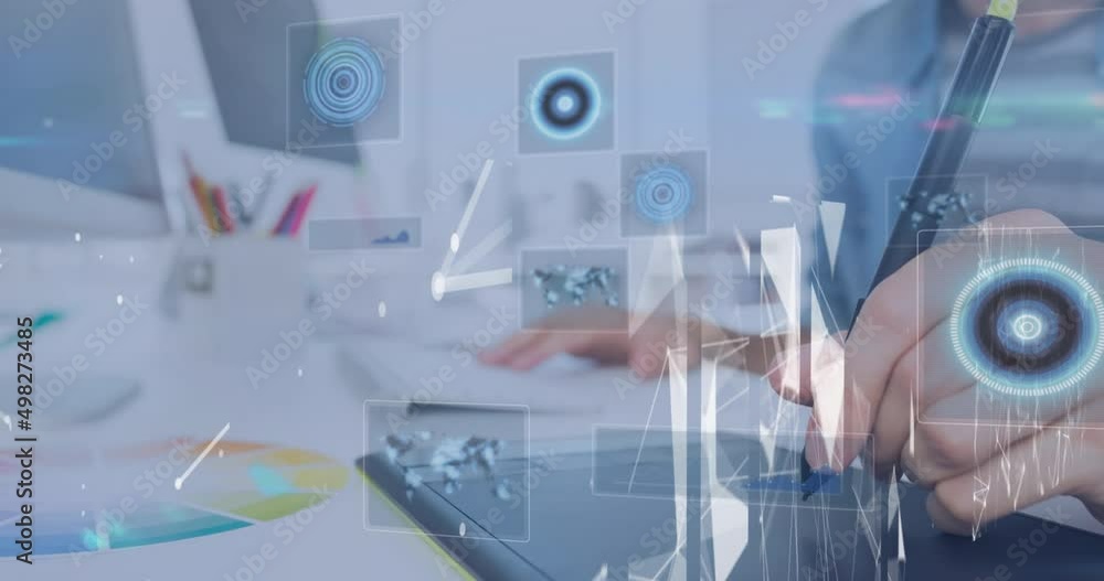 Poster animation of data processing and scopes scanning on screen over man using graphic tablet