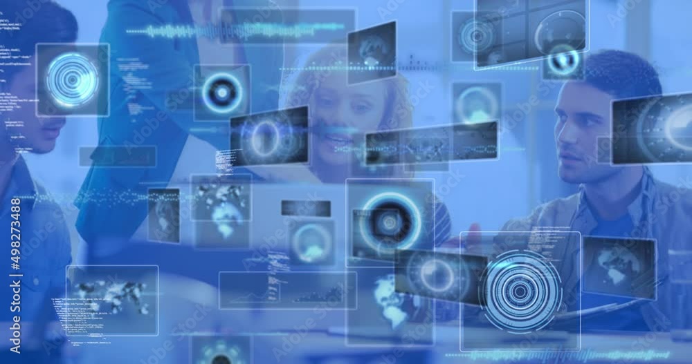 Aufkleber animation of screens with data processing over business people discussing in office