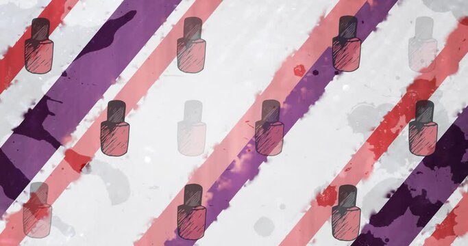 Animation of nail polish icons over colourful lines on white background