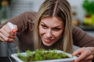 Woman spraying plants growing from seed in mini greenhouse at home.