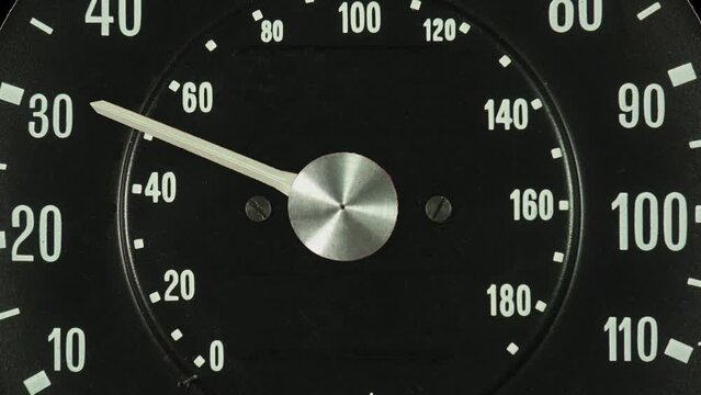 Zoom in to a vehicle speedometer with a spinning needle. Displaying rapid speed and acceleration.