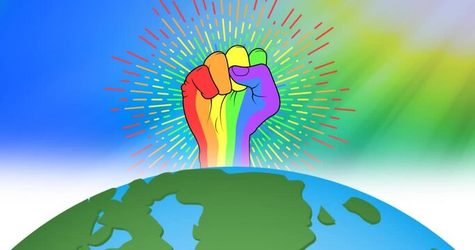 Animation of rainbow fist over globe on rainbow background