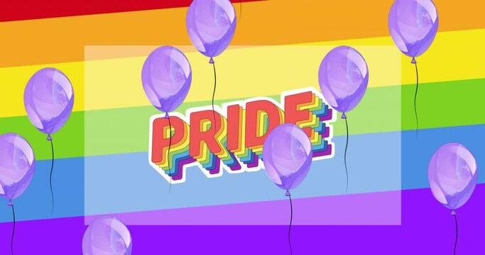Animation of pride and balloons over rainbow background